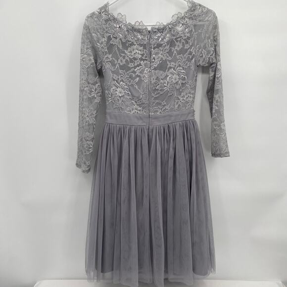 Little Mistress Lace Top Gray Silver Long Sleeve Knee Length Dress US 2 - Picture 7 of 10